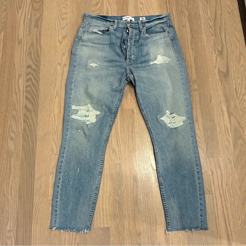 RE/DONE Originals High Rise Ankle Crop Distressed Blue Jeans size 30 EUC